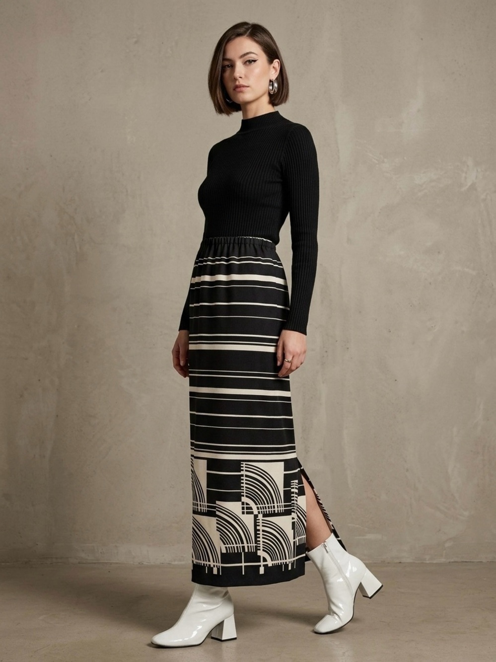 Vintage 70s Art Deco Geometric Maxi Skirt Black Cream Striped Mid Century M